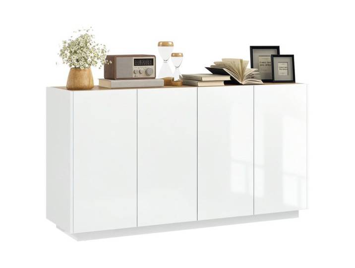Buffet design 4 portes AUREA aspect bois et blanc laqué