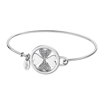 Armreif LOTUS "Essentials - Kleeblatt", edelstahlfarben, kristallweiß, kristallweiß, Armbänder, Damen, Edelstahl, Armreif, mit Glasstein