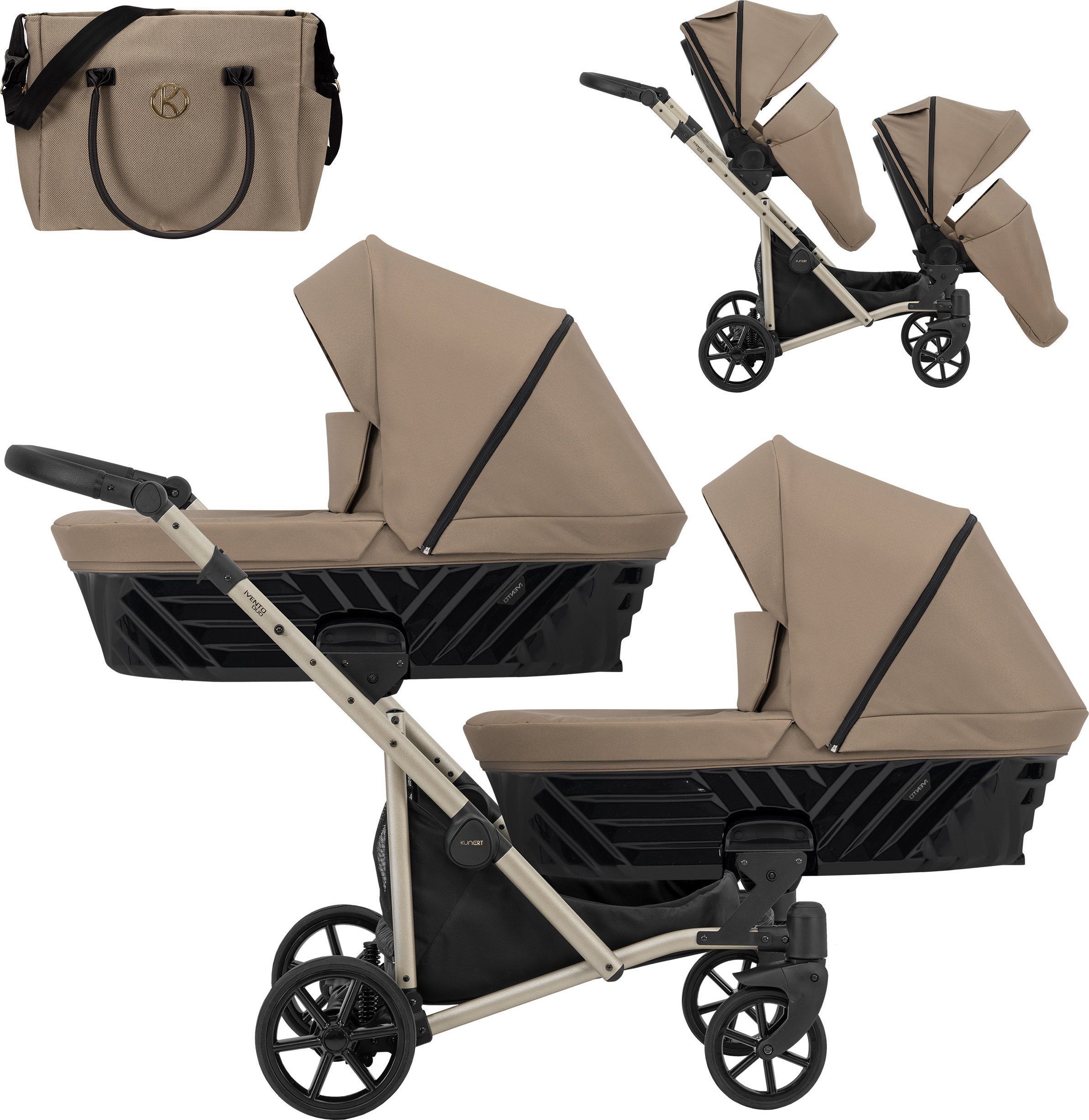 Kunert Ivento Duo 2in1 Zwillingswagen - Champagnerfarbene Rahmen - Farbe: Caramel Macchiato