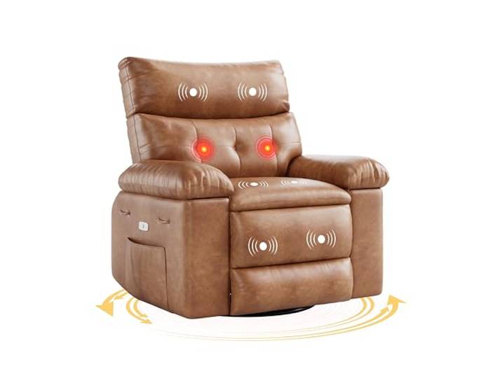 IDEALHOUSE XXL Relaxsessel in Lederoptik mit Wärme- & Massagefunktion, 360° drehbar, manuell verstellbar mit Schaukel-/Wippfunktion, 27 extra breiter Sitz, inkl. Fernbedienung – Einzelsessel