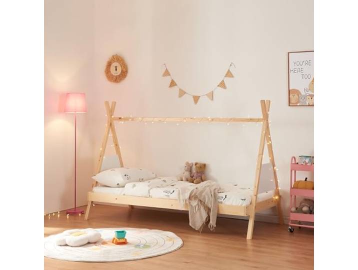 [en.casa] Kinderbett Siikajoki Tipi Bett Jugendbett Zelt Kleinkindbett Bettgestell aus Kiefernholz Abenteuerbett Bettenhaus 90x200cm Natur