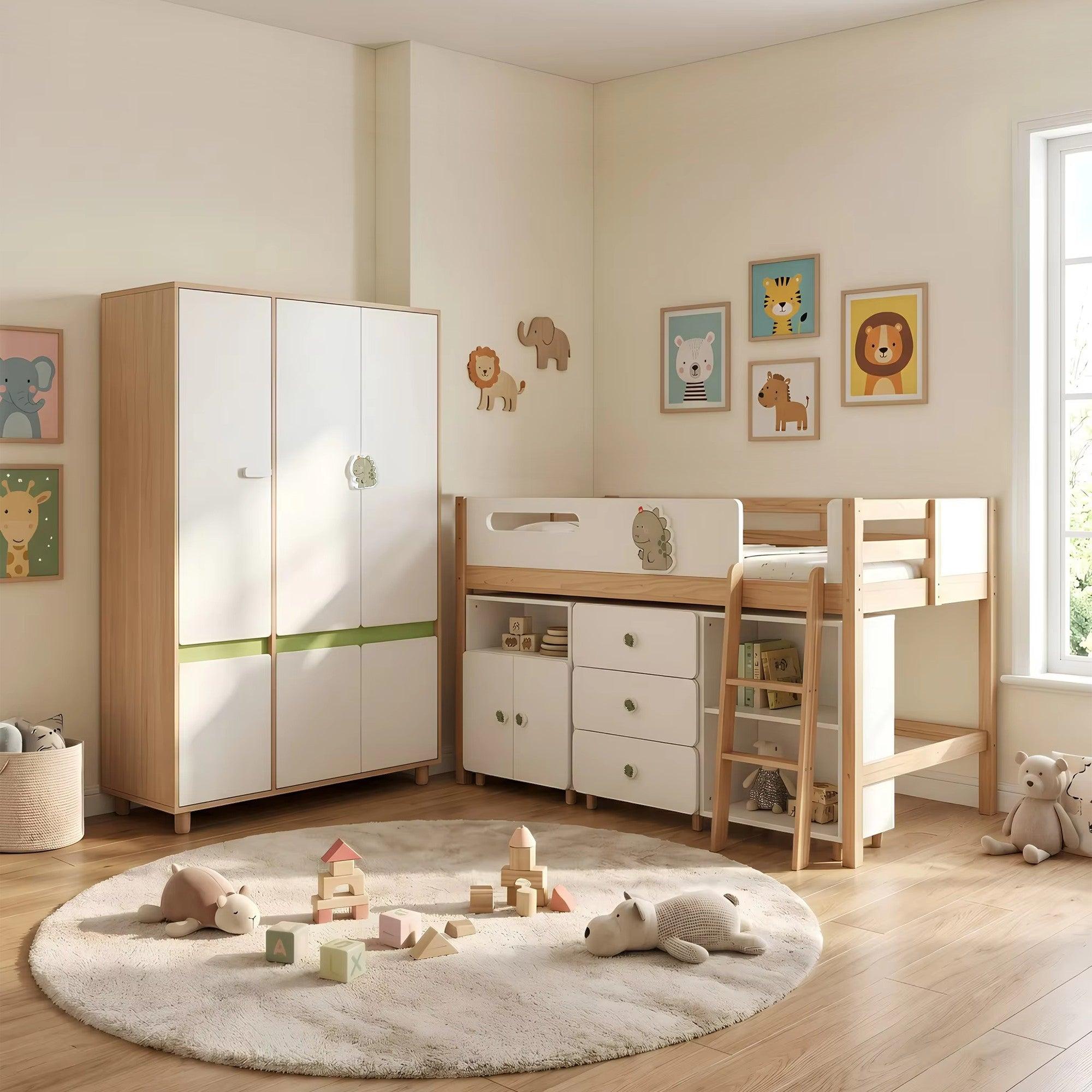 Kinderzimmer-Möbelset GINGER HOME DINO mit Kombibett 90 x 200 cm, Kleiderschrank, Schränken, Kommode, Regal und Lattenrost, Weiß, Grün und Naturholz