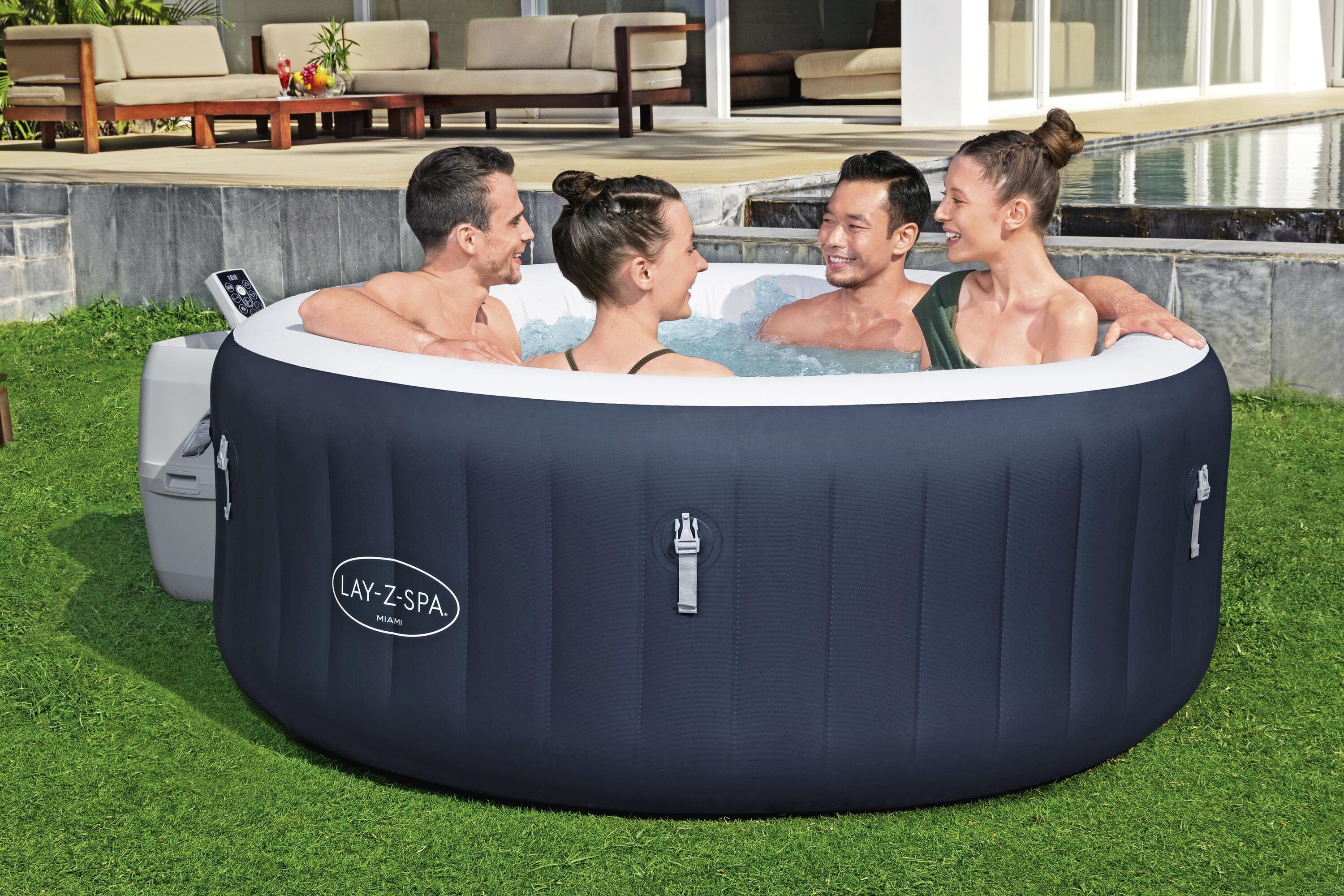Bestway LAY-Z-SPA Energiespar-Whirlpool Miami AirJet für 4 Personen Ø 180 x 66 cm, Dunkelblau