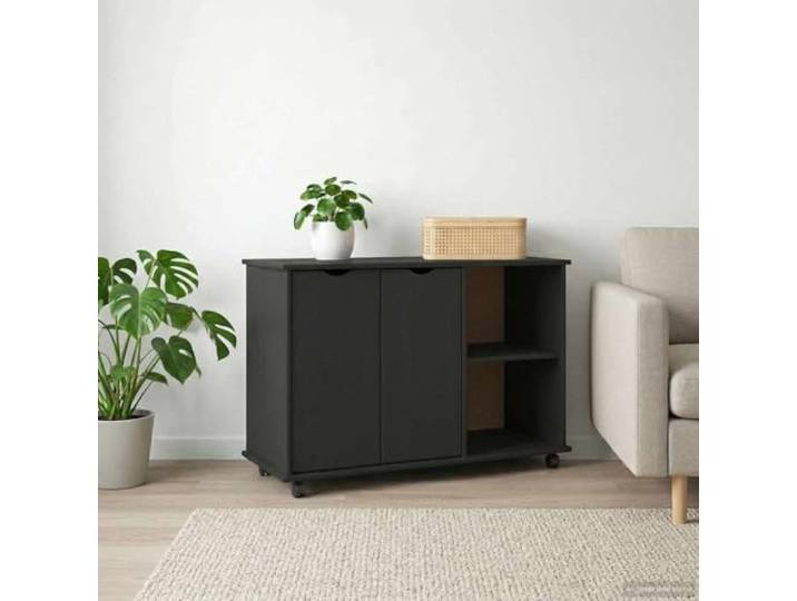 Rollschrank Schwarz 100 x 39 x 65,5 cm Massivholz Kiefer mit Schubladen Massivholz Kiefer, mattes Finish, Rollen, Schubladen und Regale, vielseitig, robust