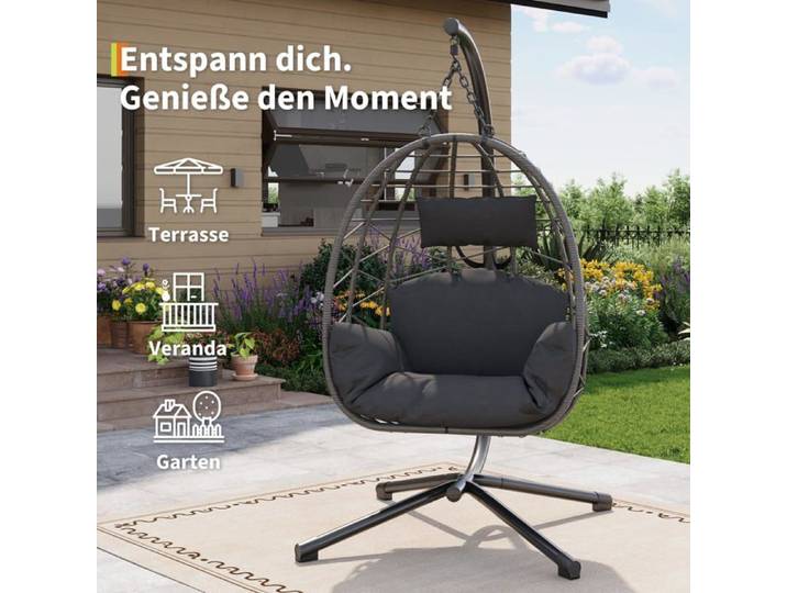 Fauteuil suspendu en rotin - LUNSY - 105x105x196 cm - Gris - Charge maximale 150 kg - Pieds antidérapants