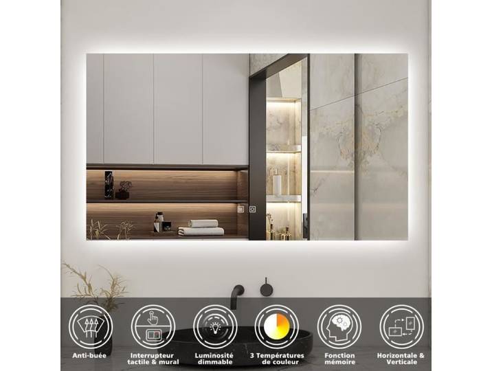 AICA 70x50cm LED Miroir de salle de bain rétro-éclairé sans cadre Tricolore + Anti-buée + Mémoire + Dimmable