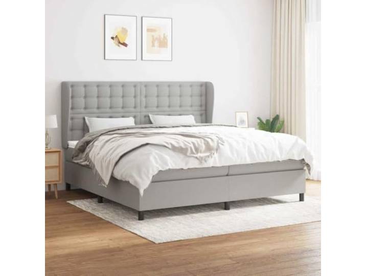 Boxspringbett 203 x 203 x 118 cm aus Holzwerkstoff Hellgrau mit Knöpfen Stoffbezug aus 100% Polyester, höhenverstellbares Kopfteil, 2 Taschenfederkernmatratzen 203 x 203 x 118 cm, Topper