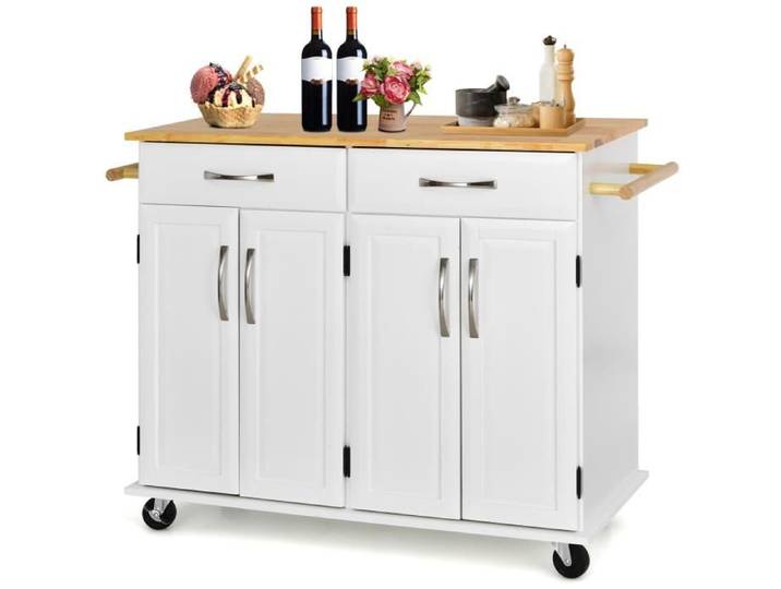COSTWAY Desserte de Cuisine à Roulettes - 2 Tiroirs 2 Armoires à Double Porte Étagères réglables - îlot Chariot de Cuisine -