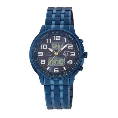 Funkchronograph ETT "Hunter", blau (blau, blau, weiß, blau), Armbanduhren, Herren, blau, Armbanduhr, Solar, Herrenuhr, Edelstahlarmband, analog, digital