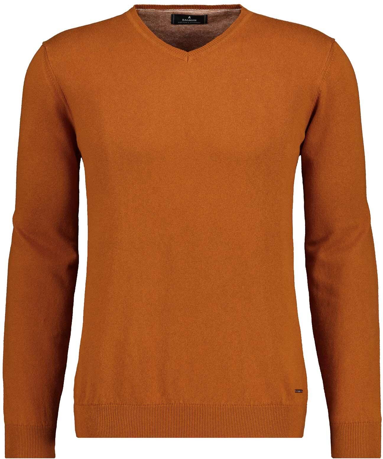 V-Ausschnitt-Pullover RAGMAN, Herren, Gr. 52, orange (cognac, 542), Strick, 95% Baumwolle, 5% Kaschmir, V-Ausschnitt, Pullover V-Ausschnitt-Pullover