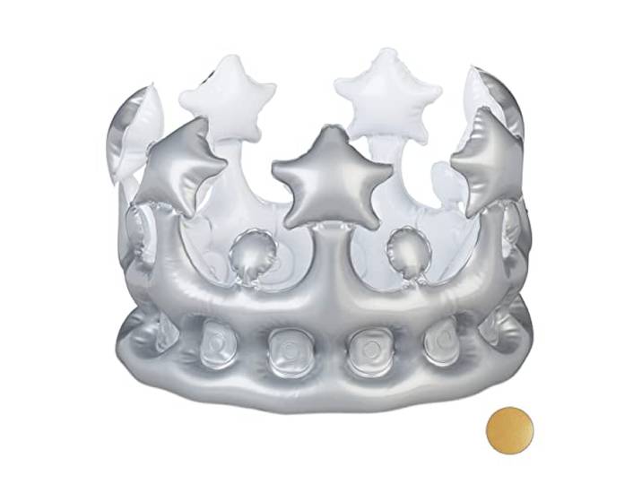 Relaxdays opblaasbare kroon, kostuum toebehoren voor feestjes, accessoire voor prinses of koning, geinig, in het zilver