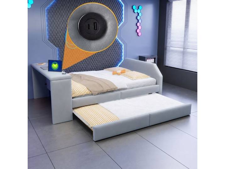 Norevia Lit enfant 140x200 cm avec bureau intégré prise USB et lit gigogne gris sans matelas