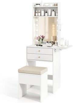Costway Compact Vanity Desk Set with 3-Color Lighted Mirror and Power Outlets-White