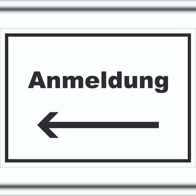 HB-Druck Anmeldung Schild mit Text und Richtungspfeil links Aufnahme waagerecht A4 (210x297mm)