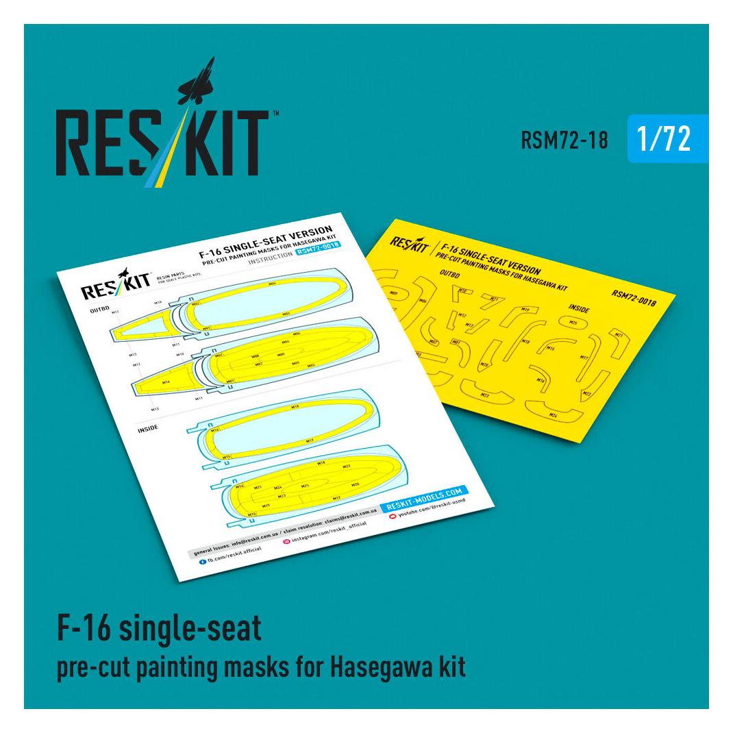 ResKit F-16 single-seat pre-cut painting masks for Hasegawa (RSM72-0018)