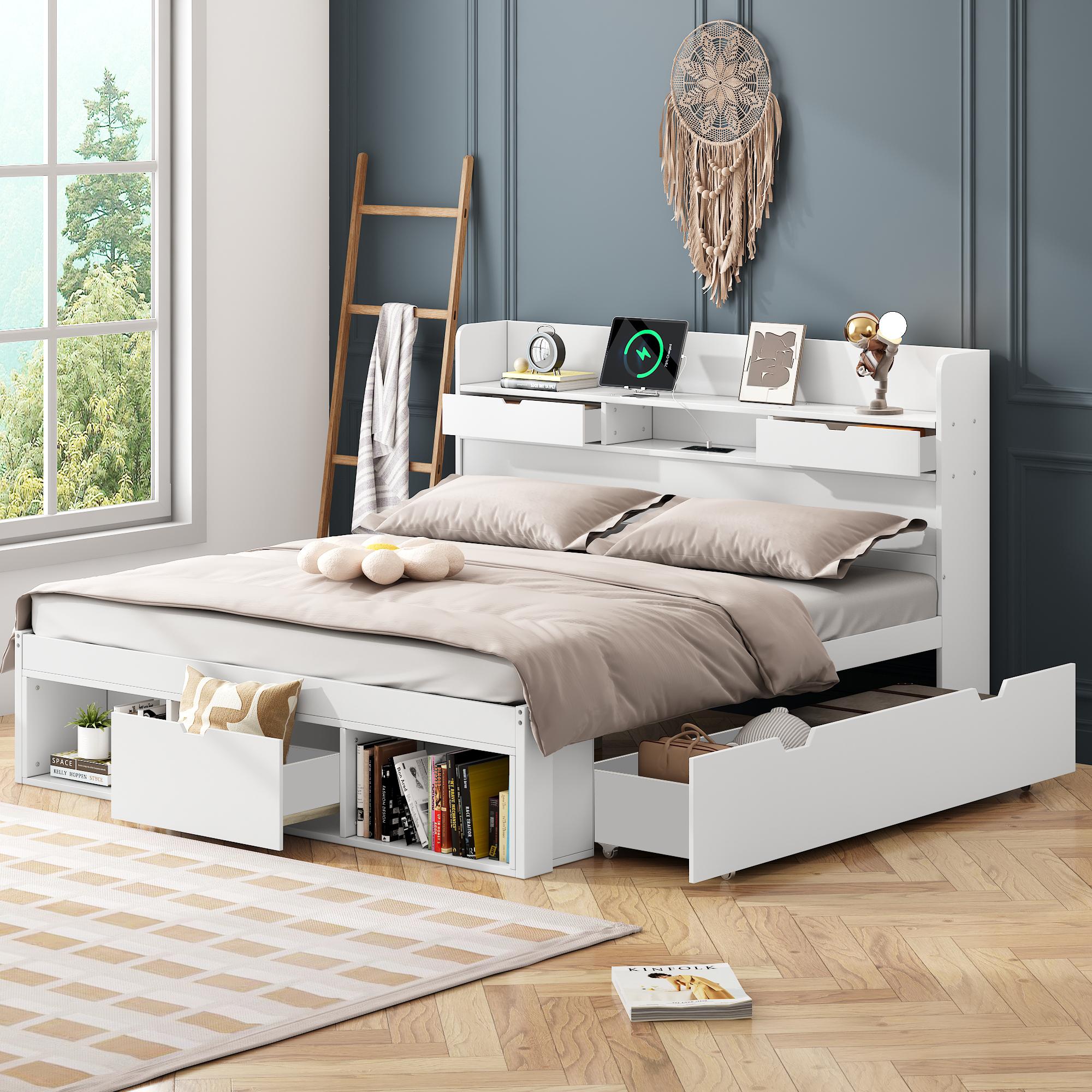 Sweiko Doppelbett, 140x190cm, Mit USB-port & Schubladen & Stauschrank, Kinderbett, Jugendbett, Multifunktionales Bett, Großer Stauraum, ohne Matratze, weiß