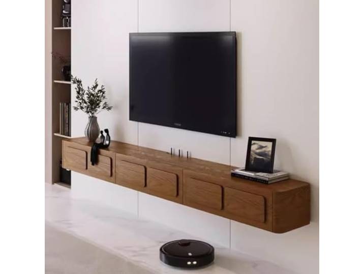 Schwebender TV-Ständer, modernes wandmontiertes Entertainment-Center Mit herunterklappbaren Schranktüren, Medienkonsole aus Massivholz lowboard