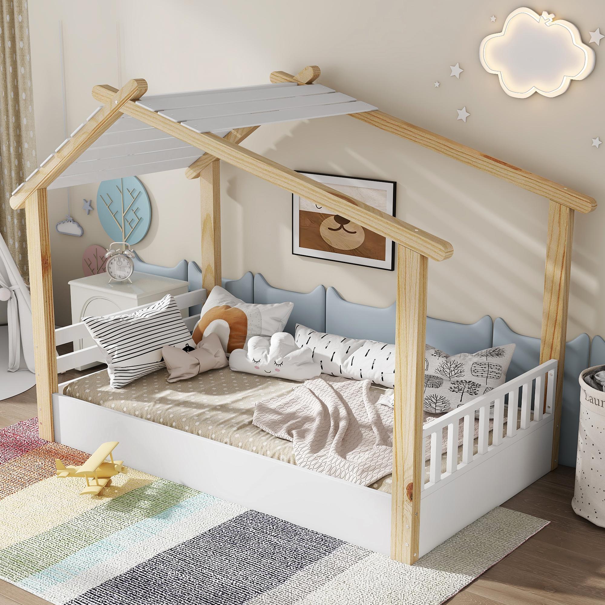 okwish Kinderbett 90x200cm Jugendbett mit Matratze Einzelbett mit Holzhausdesign und stabile Lattenroste,Holzbett aus Kiefer+Spanplatte,Weiße und Natur Farbgebung