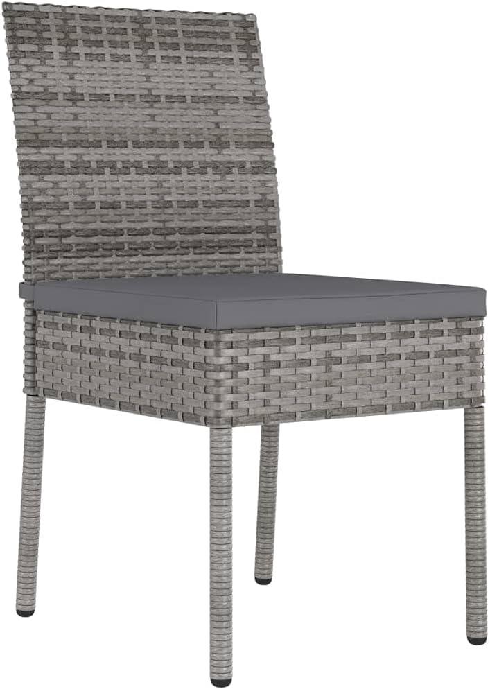 2er-Set Garten-Essstühle aus grauem Poly-Rattan mit Sitzkissen und schwarz pulverbeschichteten Stahlrahmen, stabil und langlebig, bis 110 kg belastbar, für den Außenbereich