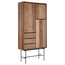 Vitrine Schrank Metropole High, Teakholz massiv, modern, Natur, Gestell Schwarz, 3 Türen, 3 Schubladen