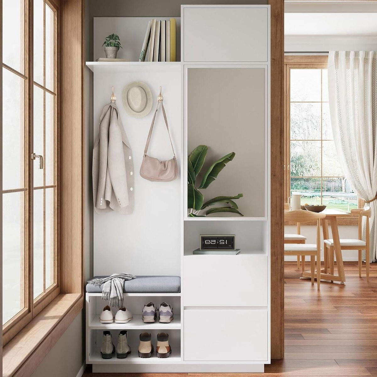 Multifunctionele 5-in-1 Garderobe met spiegel en schoenenkast - Wit - B/D/H: 90 x 34,5 x 190 cm