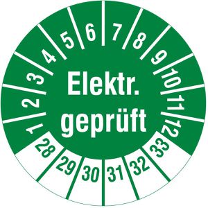 Böttcher-AG Prüfplaketten Elektr. geprüft, 2028-2033, grün, Ø 20 mm, 1.000 Stück
