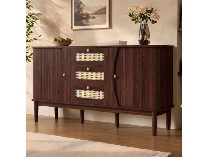 BXEYXE Sideboard, Rattankommode, Kommode mit Schiebetüren, verstellbaren Einlegeböden und Abgerundeter Platte.
