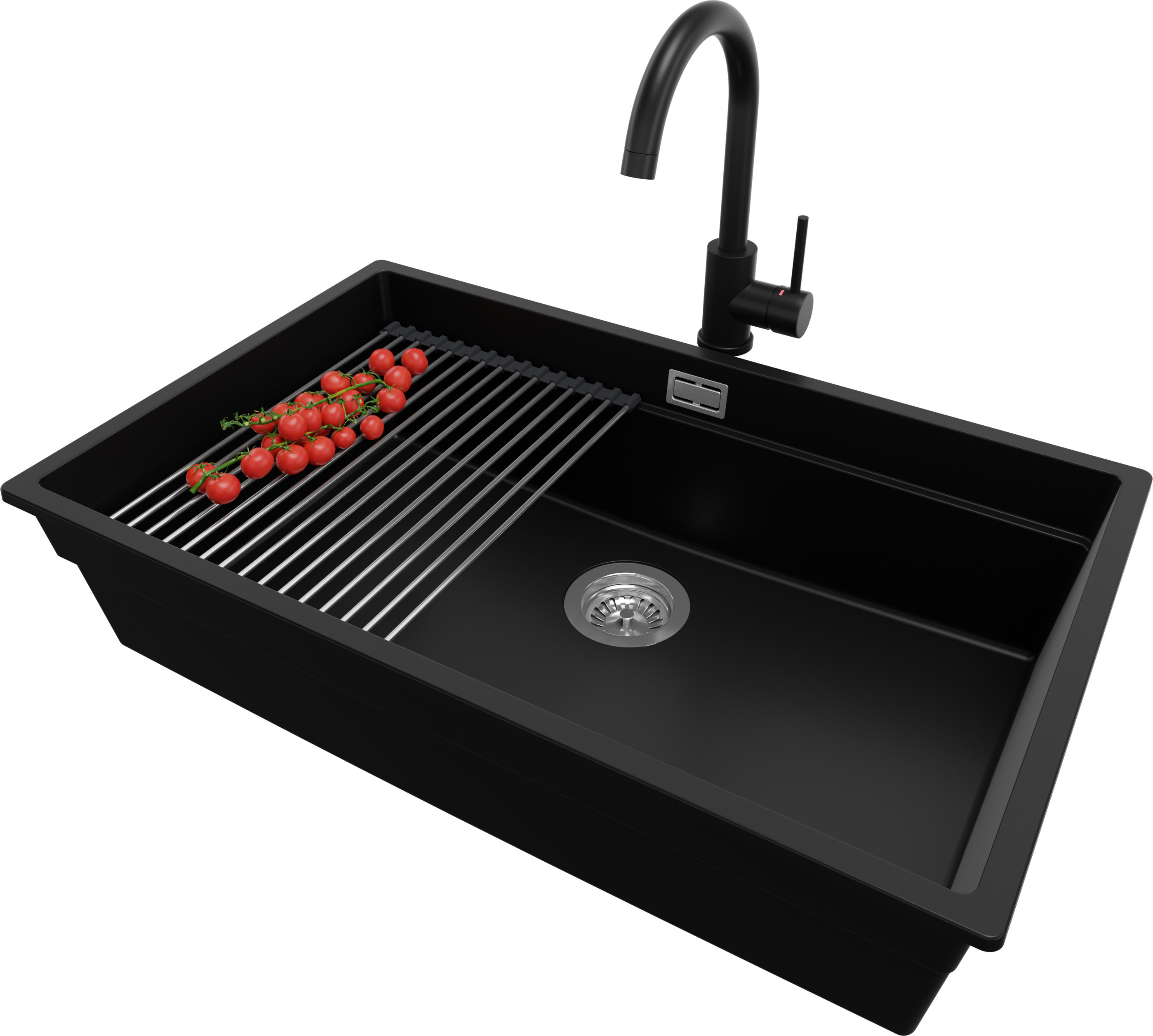 PRIMAGRAN Granitspüle Schwarz 76x47cm, Spülbecken 1 Becken + Ablauf-Set + Küchenzubehörset, Küchenspüle ab 80er Unterschrank - Praga Slim