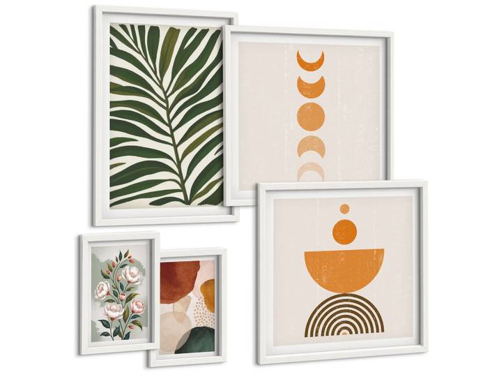 BILDER SET 5er Set - 50x50 cm & 20x30 cm & 40x60 cm Weißer Rahmen - Abstrakte Blattformen