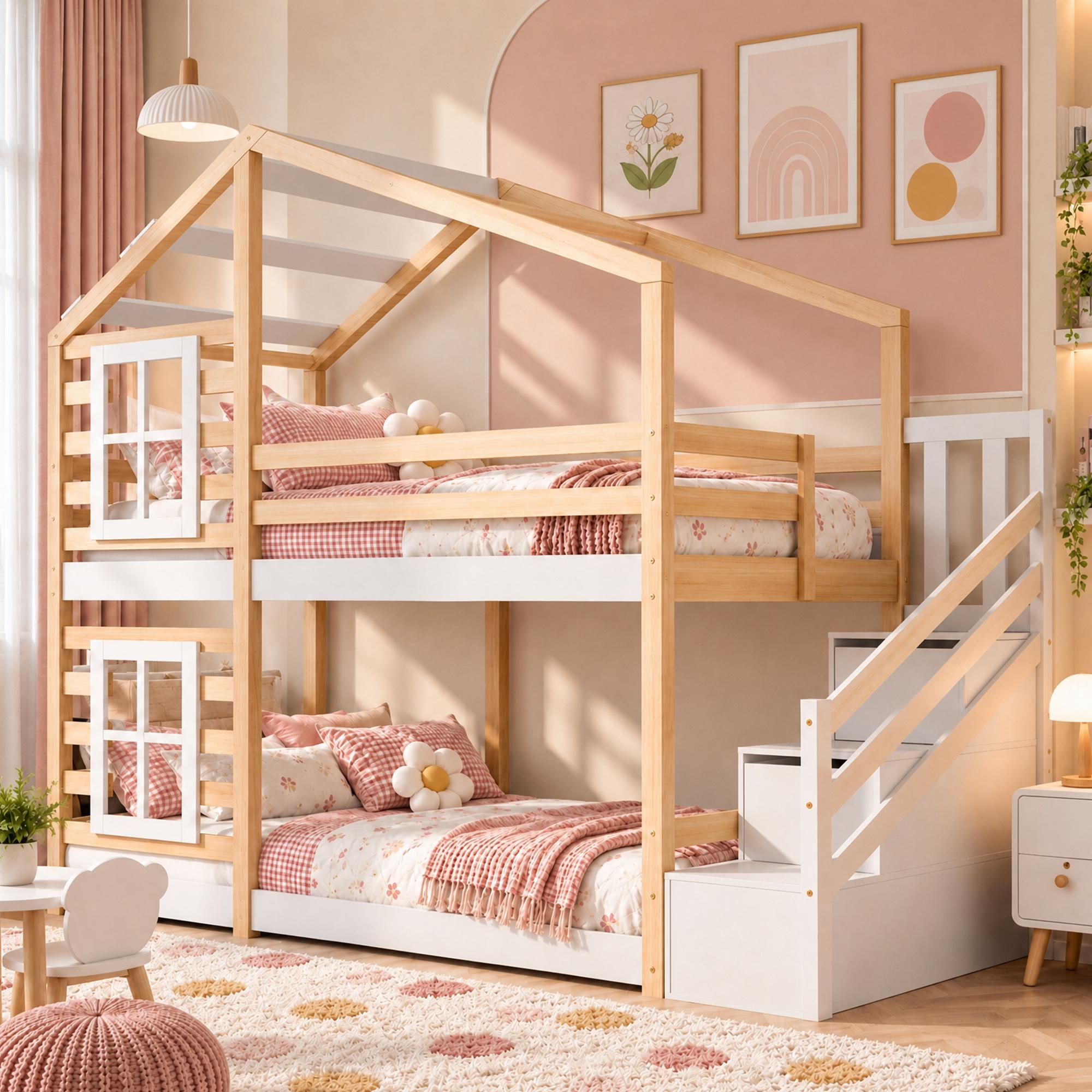 INONEFT Etagenbett 90x200cm, Kinderbett mit Rausfallschutz und Schubladen, Stockbett mit Treppe und Fenster,Massivholzbett Jugendbett mit Lattenrost
