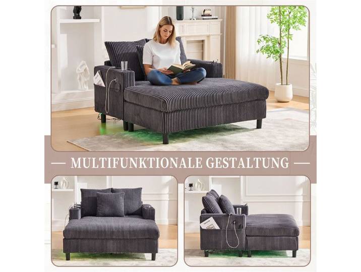 Lit inclinable - AUTREMENT - O.Ye Lounger - Velours côtelé gris - 128x142 cm - Éclairage LED