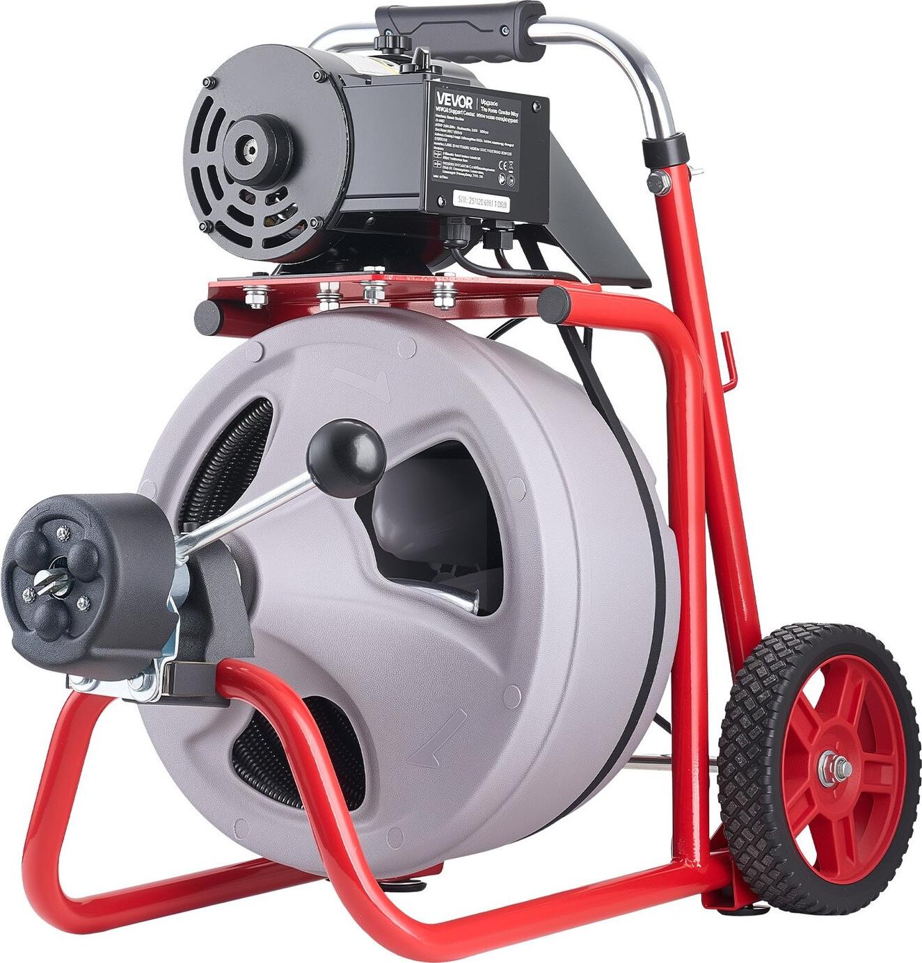 Abflussreinigungsmaschine 22 m x 9,5 mm, automatisch zugeführte Kanalreinigungsspirale auf Rädern, tragbare Abflussreinigungsmaschine mit 8 Schneidwerkzeugen und luftbetätigtem Fußschalter für Rohre von 50 mm bis 100 mm