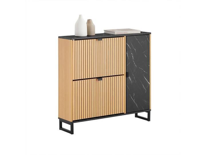 SCHUHSCHRANK Schmal, Holzoptik & Schwarz mit Marmor