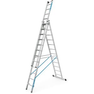 Zarges Mehrzweckleiter Skymaster Plus X, 41580, Wandlaufrollen, 3-teilig, mit 3 x 12 Sprossen, Oberleiter mit 8 Stufen