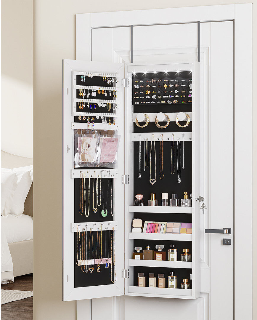 Brayden Studio Jewelry Cabinets with Mirror and LED Lights, Door Hanging/Wall Mounted Jewelry Armoire White 108cm H X 34cm W X 18cm D