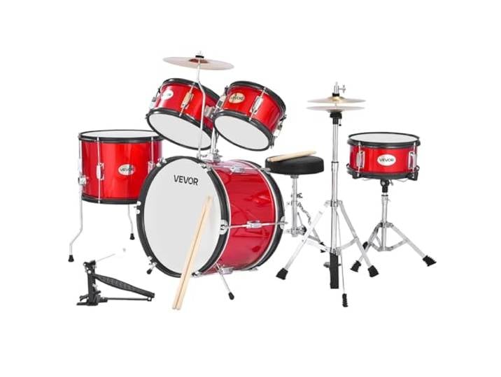 VEVOR Batterie Enfant\, 5 PCS\, Batterie Débutants\, Grosse Caisse 45 cm avec Tom-tom\, Caisse Claire 25\,4 cm Tom Basse 36 cm\, avec Siège\, Baguettes\, Kit Apprentissage Musical pour Enfants 6-13 ans\, Rouge