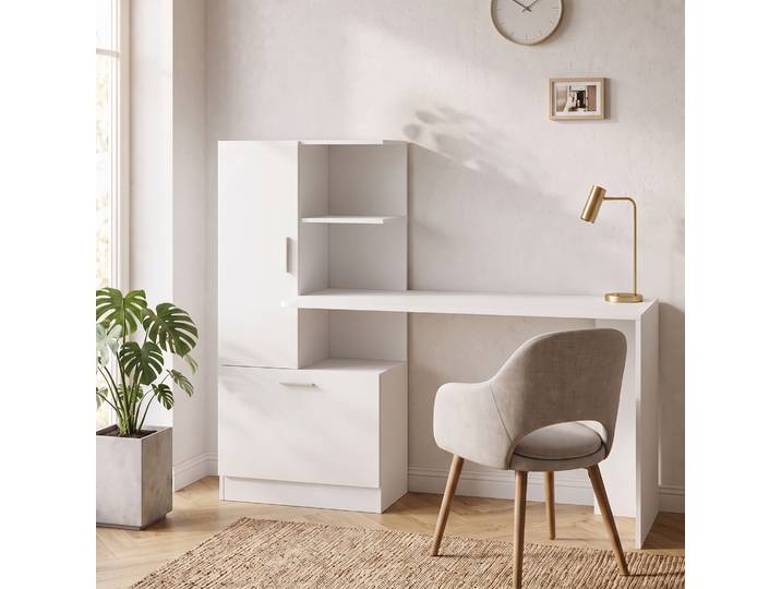 HOMCOM Bureau 150cm avec Bibliothèque et Armoire Blanc