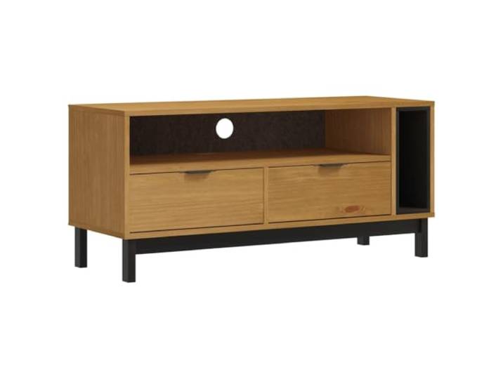 GKHPYURE TV-Schrank FLAM 110 x 40 x 50 cm Massivholz Kiefer 2 Schubladen, 2 offene Fächer, Hohlloch, Holzbeine, Eichen-Finish