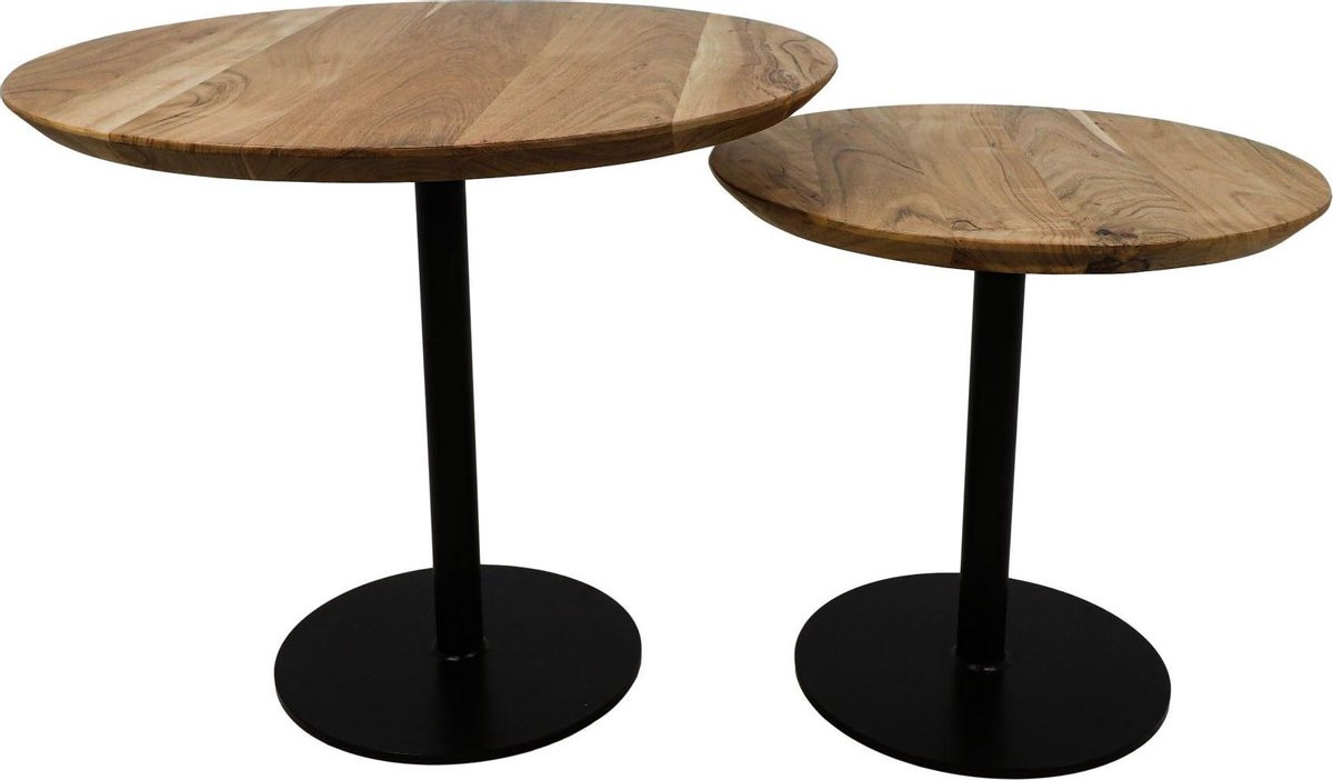 Set van 2 Pilaar bijzettafels Zurich van HSM Collection - Naturel/zwart - Acaciahout en ijzer - ø60/ø45 cm