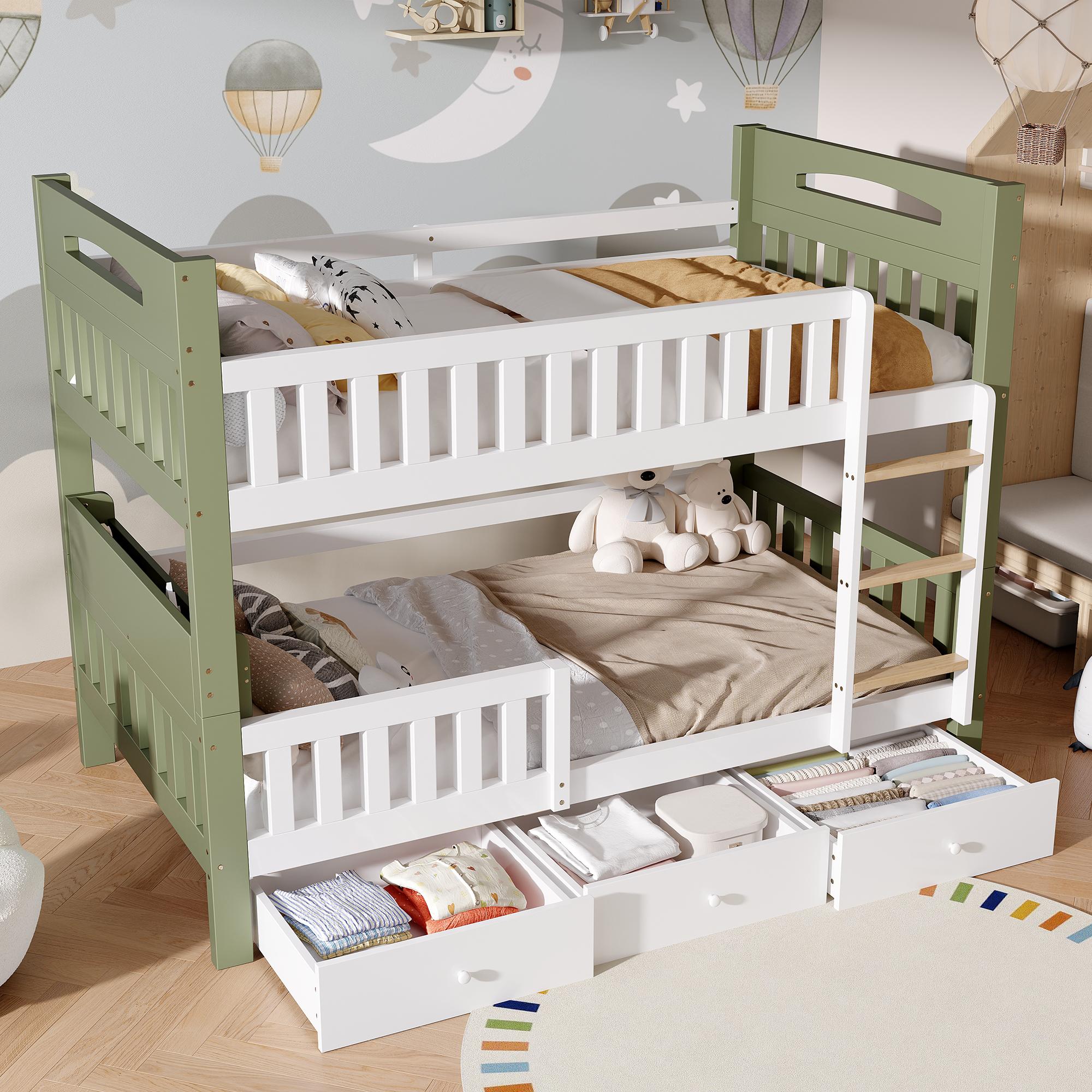 STILVORA Etagenbett 90 x 200 cm mit Leiter und Schutzgeländer, Kinderbett mit seitlichem Regal, Stockbett mit 3 Schubladen, Weiß/Grün