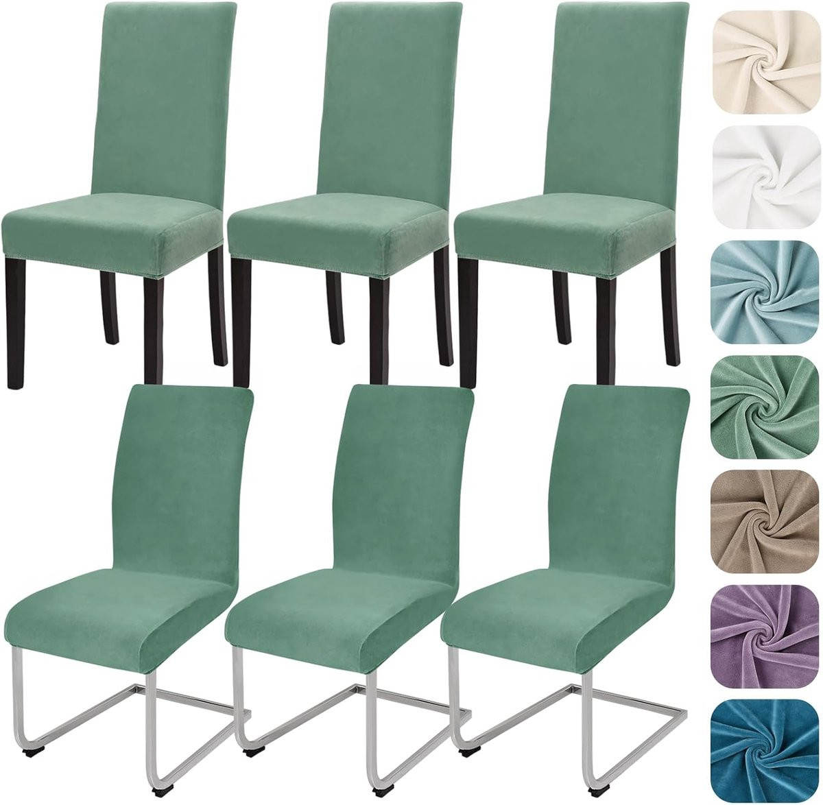 SnelShoppen 6x Stretch Velvet Stoelhoezen, Elastische en Wasbare Bekleding voor Eetkamerstoelen, Bean Green