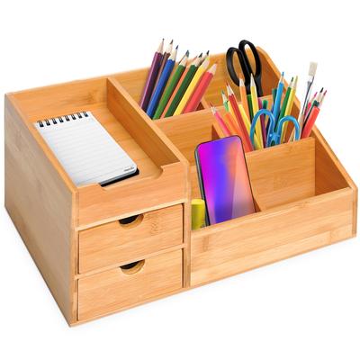 MODFU Schreibtisch Organizer 33x20x15 Bambus Aufbewahrung Box 2 Schubladen 7 Fächer Büro Zubehör Stifte Utensilien Natur