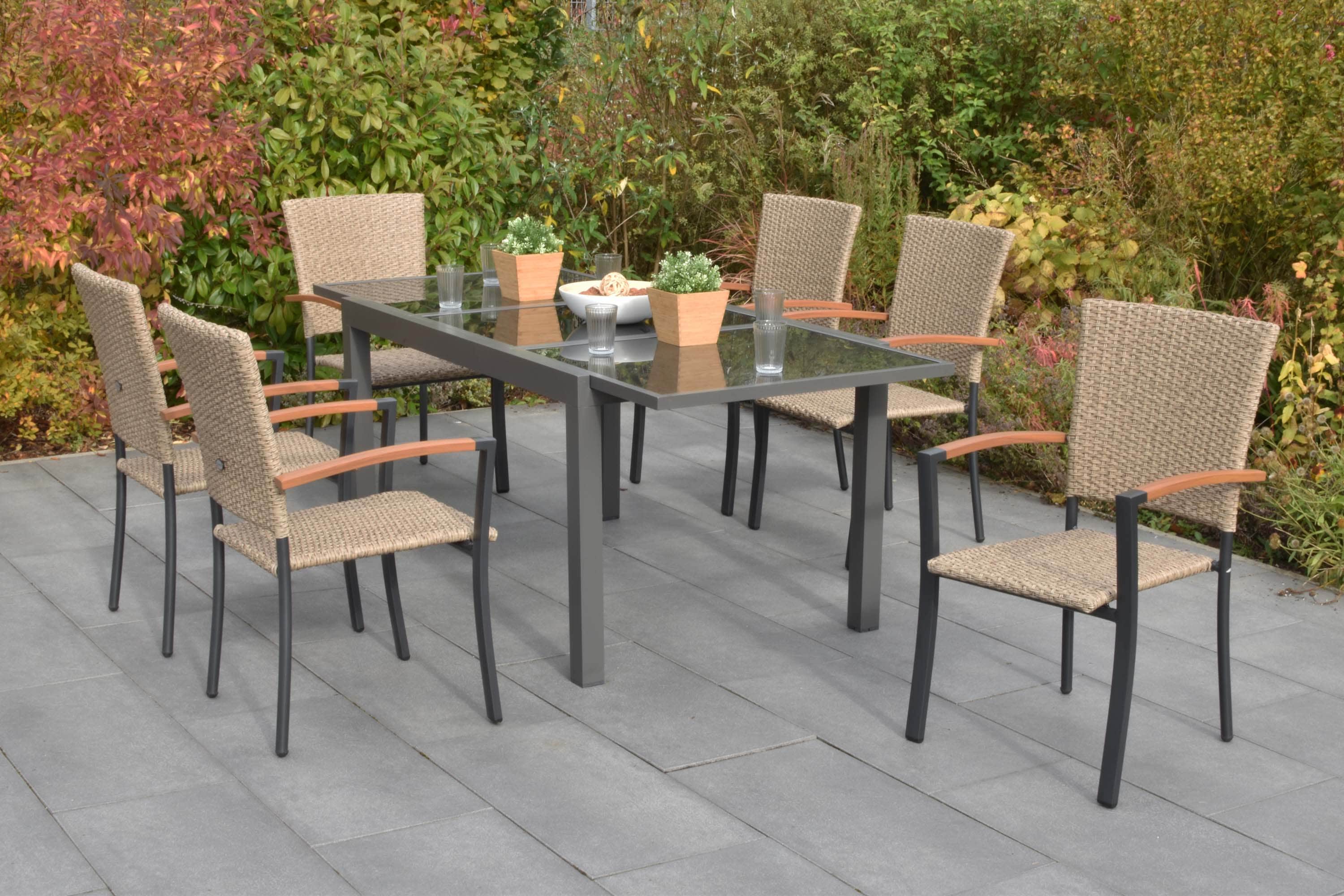 Garten-Essgruppe MERXX "Teramo", braun (natur, natur, graphit), B:56cm H:94cm T:62cm, Aluminium, Kunststoff, Sitzmöbel-Sets, Garten-Essgruppe, inkl. 6 Stapelsessel, 1 Ausziehtisch