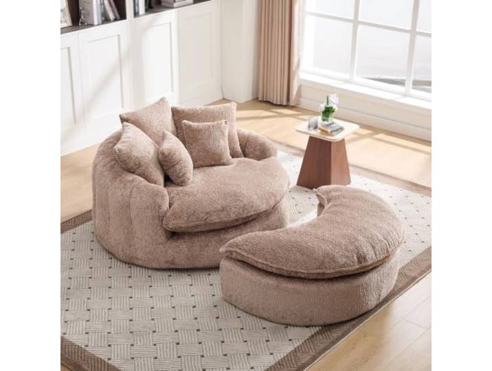 55-Zoll-langer Polyester-Schaumstoff-Sessel, Flauschiger moderner Sofa-Bett Oversized runder Stuhl für Wohnzimmer, Lounge und Projektionsraum, Beiter Sessel mit Verstellfunktion, mit Kisse