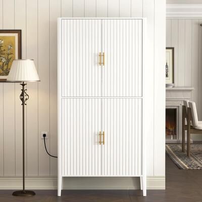 "Freestanding 70.87""Tall Pantry Cabinet with Glass Shelf & Wine Storage, Fluted Bar Cabinet with 4-Door and Inside Drawer"