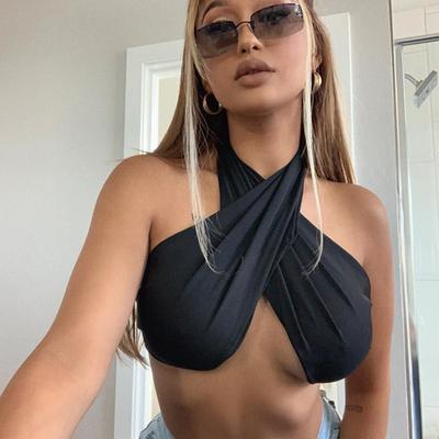 Universal Stock Corset Halter Tank Top For Women Backless Hollow Out Slim Crop Top black s