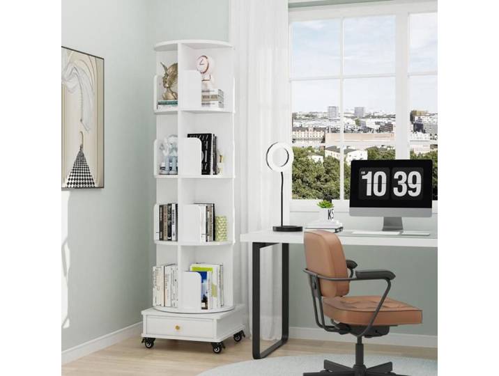 40x40x142cm Bibliothèque à 4 niveaux - bibliothèque à rotation libre 360° - avec roulettes - blanc - QUIIENCLEE