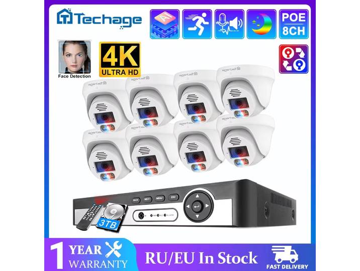 Système de caméra de sécurité 8 canaux 8MP 5MP POE avec détection de visage, dôme intérieur, communication bidirectionnelle, enregistrement couleur de nuit, kit de surveillance