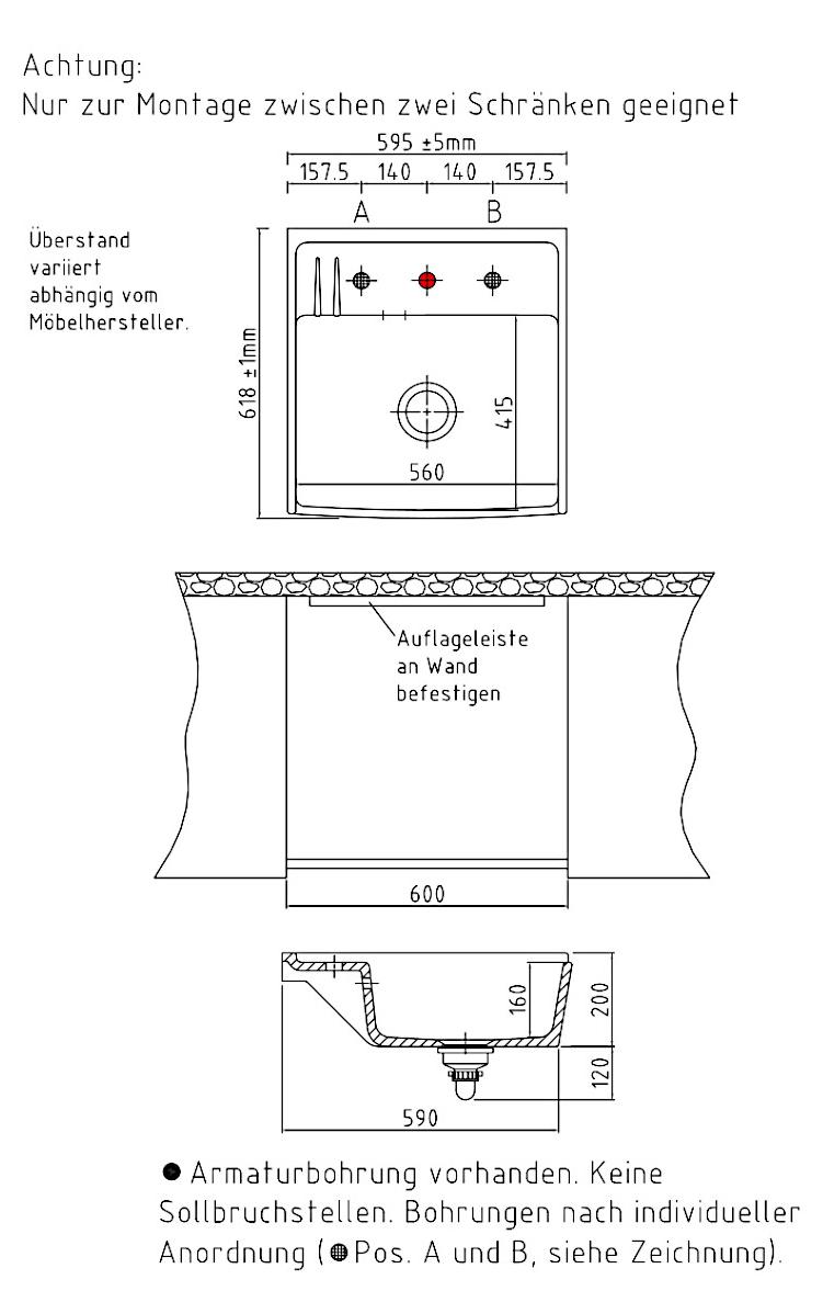 Elementspüle KENTRO 60 in ALU für AP-Tiefe 60 cm - Handbetätigung / systemceram / Keramikspüle