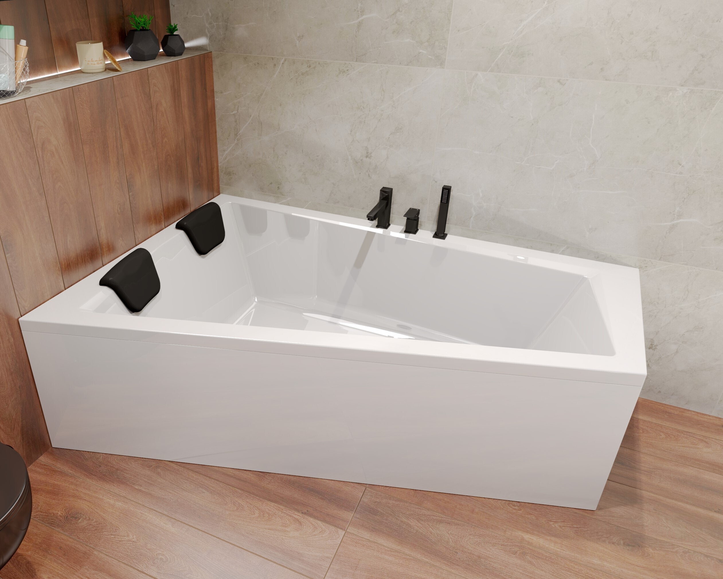 BADLAND Eckbadewanne Rechteck Badewanne INTIMAS LINKS 170x125 mit Ablaufgarnitur und Füßen + 1 Badkissen | BADLAND INTIMAS